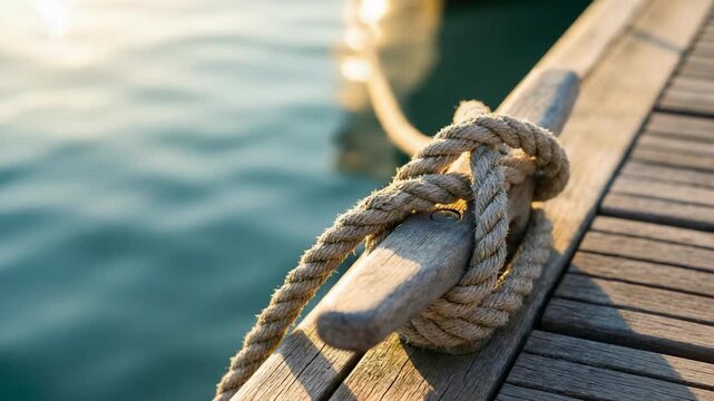 Close-up of a wooden dock featuring a knot tied with a rope. The water surface reflects light in the background