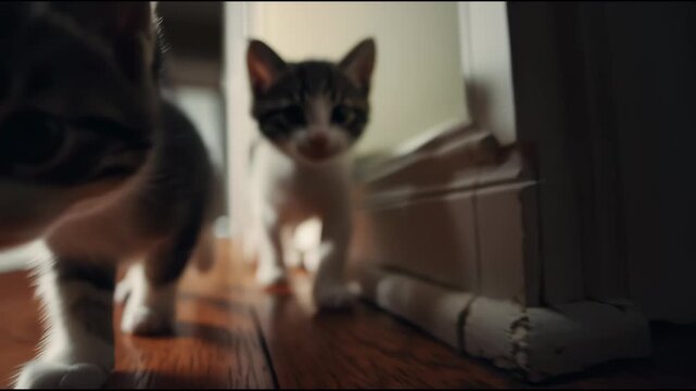 Two Kittens Walking on Wooden Floor.