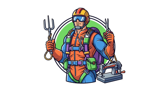 Cartoon of a skydiver demonstrating diverse skills, from extreme sports to gardening and sewing, highlighting a multi-talented and versatile individual