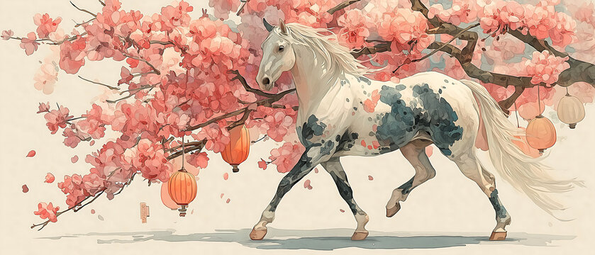 A white horse with black spots walks under a blooming cherry blossom tree with pink flowers and lanterns.