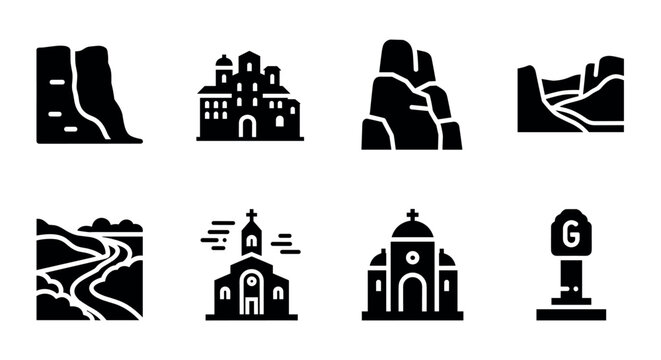 Icon set featuring monasteries and natural landmarks in bold minimalist style