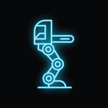 Blue glowing neon icon of a robot leg with a cabin operating a chainsaw on a black background