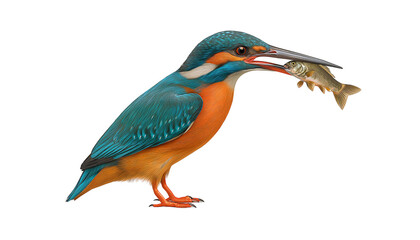 Obraz premium Kingfisher with Fish A vibrant kingfisher perches, its beak firmly clasping a freshly caught fish, showcasing nature's precision and beauty.
