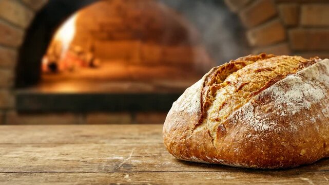 Artisan bread rests on a wooden surface in front of a brick oven. Heat rises from the oven while the crusty loaf cools.