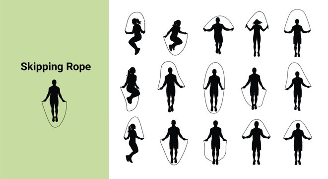 Collection of diverse male and female silhouettes demonstrating various dynamic movements and poses while actively engaged in the fitness activity of jumping rope for exercise