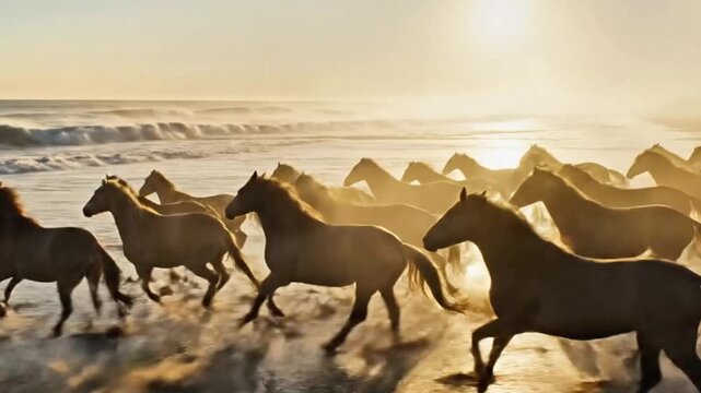 A wild horse herd running near coastline, ocean mist.