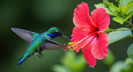 Naklejka premium Vibrant Hummingbird Feeding on a Bright Red Hibiscus Flower in Lush Greenery