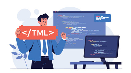 Web developer proudly holds a large HTML tag in front of monitors displaying code for website creation and design.