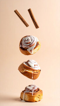 Iced cinnamon rolls and cinnamon sticks levitating for bakery marketing and sweet treat concepts