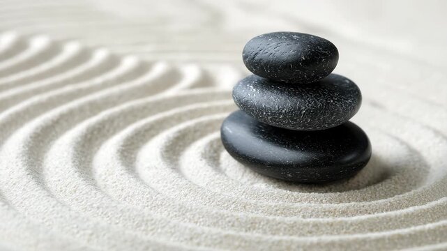 Ultra HD Zen stones stacked on raked sand in a japanese garden, symbolizing balance, meditation, and tranquility video