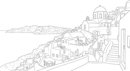 Obraz premium Santorini cliffside architecture line art with sea view and classic white buildings