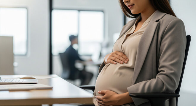 Pregnant employee at office representing inclusive workplace benefits and maternity support