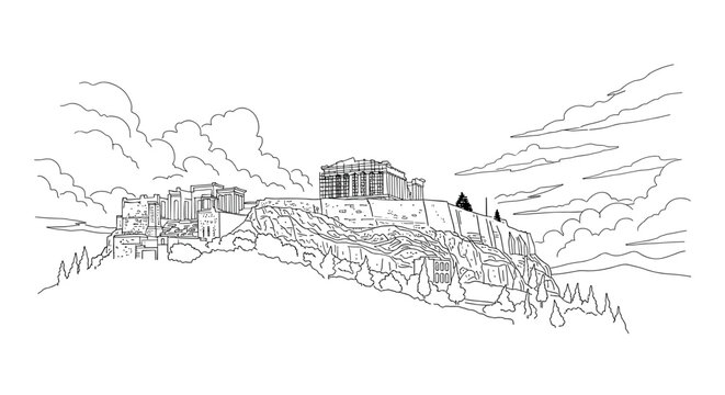 Linear drawing of ancient greek acropolis with scenic landscape