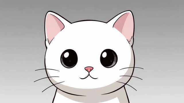 Animated cute white cat character close up adorable pet with big eyes and pink nose gray background for kids content