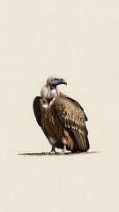 A solitary vulture perched against a light-colored background, with detailed feathers