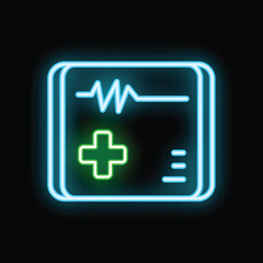 Obraz premium Glowing neon sign showing medical report on black background