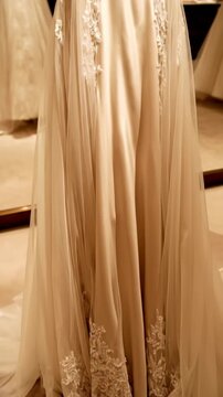 Elegant White Wedding Dress with Intricate Lace Detail and Flowing Tulle Skirt in Bridal Boutique