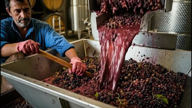 Grape crushing process in Argentina during wine production with machine rollers separating juice and stems.