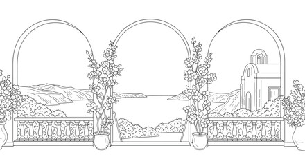 Naklejka premium Mediterranean balcony view with arches and sea landscape in linear drawing