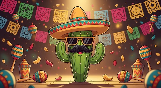 A cartoon cactus wearing a sombrero and sunglasses at a festive party