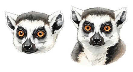 Fototapeta premium Digitally rendered portraits of ring-tailed lemurs, featuring expressive orange eyes