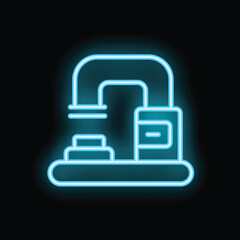 Fototapeta premium Blue neon sign of a cnc milling machine cutting a metal object for industrial manufacturing