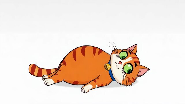 Animated orange tabby cat resting on white background cartoon style character with bell collar cheerful playful feline for childrens animation