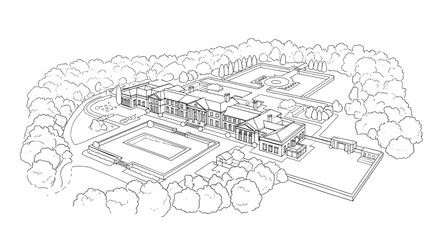 Obraz premium Detailed architectural linear drawing of expansive mansion and garden layout