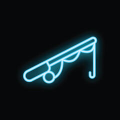 Neon blue fishing rod icon glowing on a black background, perfect for representing fishing concepts