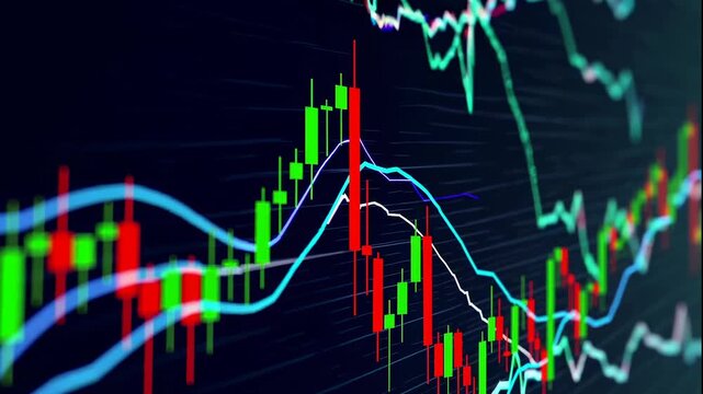 A video showcasing a dynamic stock market graph with fluctuating trends and colorful indicators on a dark background.