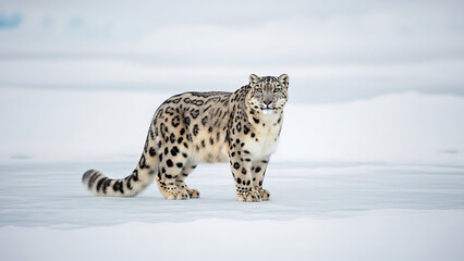 Obraz premium Majestic Snow Leopard Navigating a Frozen Winter Landscape in its Natural Habitat