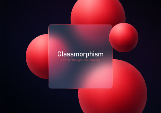 Abstract glassmorphism square panel with red floating spheres on dark gradient background