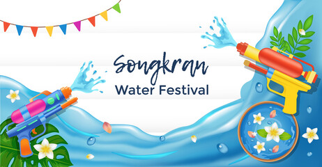Songkran Water Festival Horizontal Banner Template with Colorful Water Splash Illustration