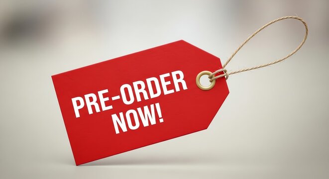 Bright red pre-order sale tag with a gold ribbon and white text on a white background