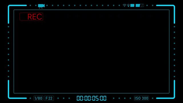 Animation of the video recording camera screen, blue frame, flashing circle with REC and stopwatch. A 4k video recording frame with an alpha channel.
