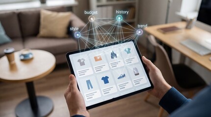 Person using tablet to browse clothing items with AI style and trend analysis overlay