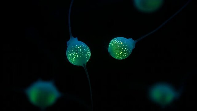 Bioluminescent organisms glowing in dark aquatic environment