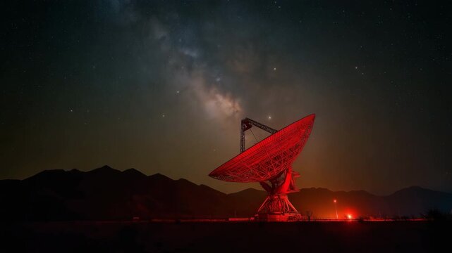 A massive red-lit radio telescope dish in a desert setting with a starry night sky