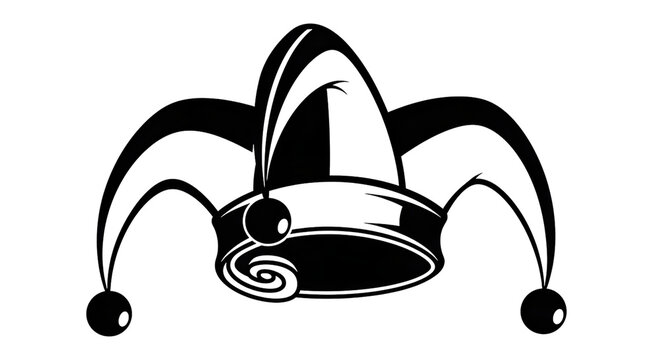 A black and white illustration of a jesters hat with three points and balls on the ends isolated on transparent background
