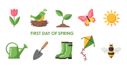 Flat design icons illustrating the First Day of Spring with nature and gardening items © Agung