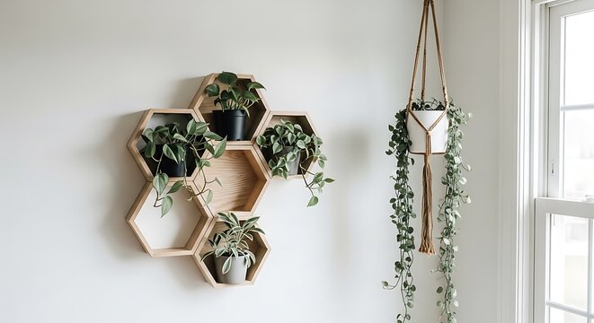 A serene indoor space featuring a honeycomb plant shelf and a macrame plant hanger near a window.