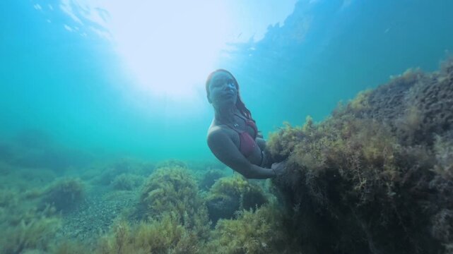 Freediving swimmer explores beautiful turquoise clear ocean water over lush seaweed covered rocks under strong sunlight