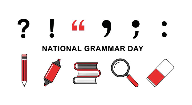 Punctuation marks and school supplies above NATIONAL GRAMMAR DAY text