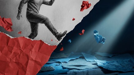 Man stepping off cliff edge with torn paper fragments flying into spotlight