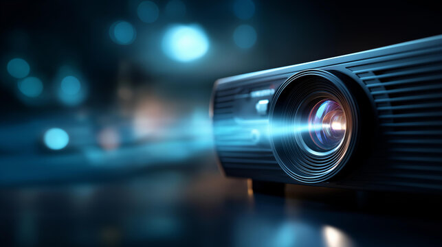 Close-up of sleek modern projector showcasing lens projecting vibrant beam of light, home entertainment technology, multimedia device display, cinema equipment detail, defocused background, with