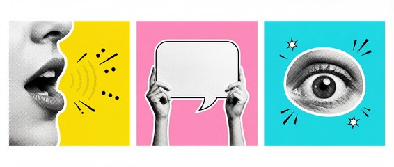Collage of communication elements: speaking mouth, empty speech bubble, and surprised eye