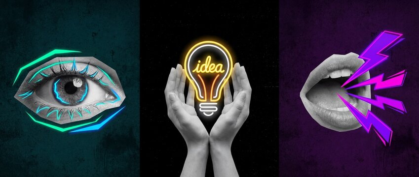 Creative concept collage: eye, idea lightbulb, and mouth with lightning bolts