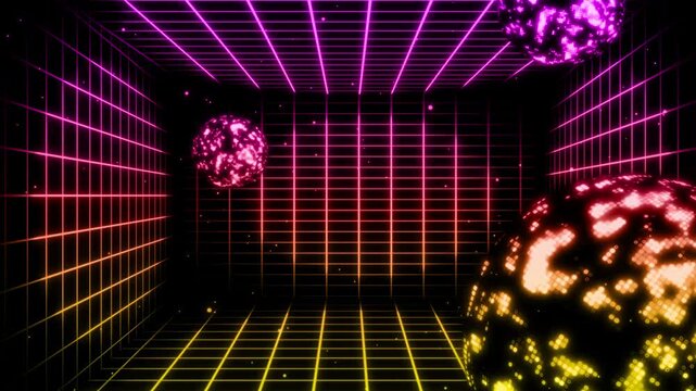 Abstract Retro Grid Room with Colorful Disco Balls