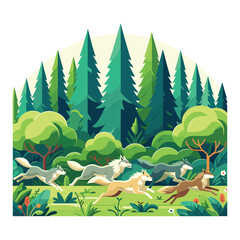 Wolf Pack Running In Forest Vector Design
