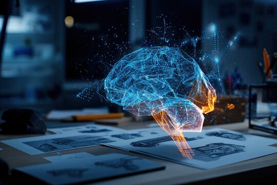 A glowing, semi-transparent neural network diagram dynamically floats above the designer's desktop, intricately connecting the physical sketches and models of the product prototype.